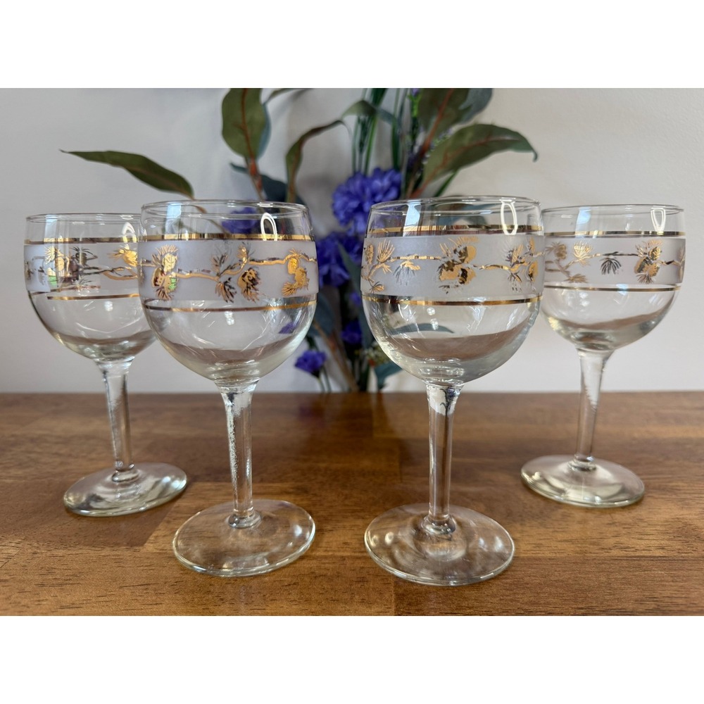 Vintage Libbey Pine Cone Stemmed Wine Glasses Gold Frosted MCM Barware Holiday